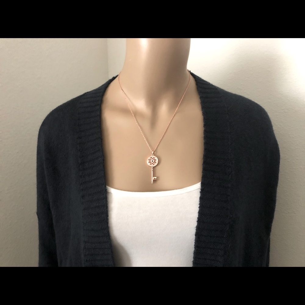 Rose Gold Diamond Flower Key Pendant Necklace - Picture 5 of 6
